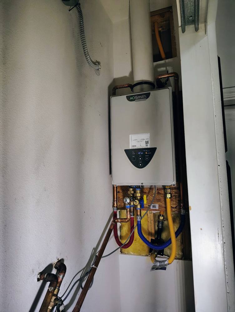 Wall-mounted A.O. Smith tankless water heater with copper, gas flex and isolation valves.