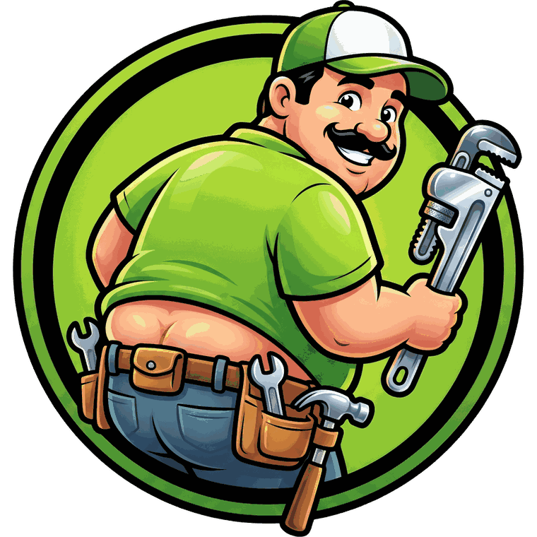 Plumbers Crack Plumbing logo: cartoon plumber with a pipe wrench and tool belt inside a green and black badge.